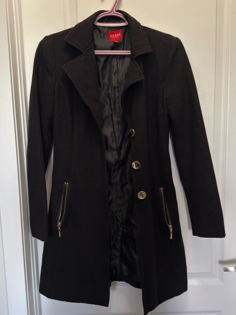 GUESS Black Long Trench Coat with Gold Hardware